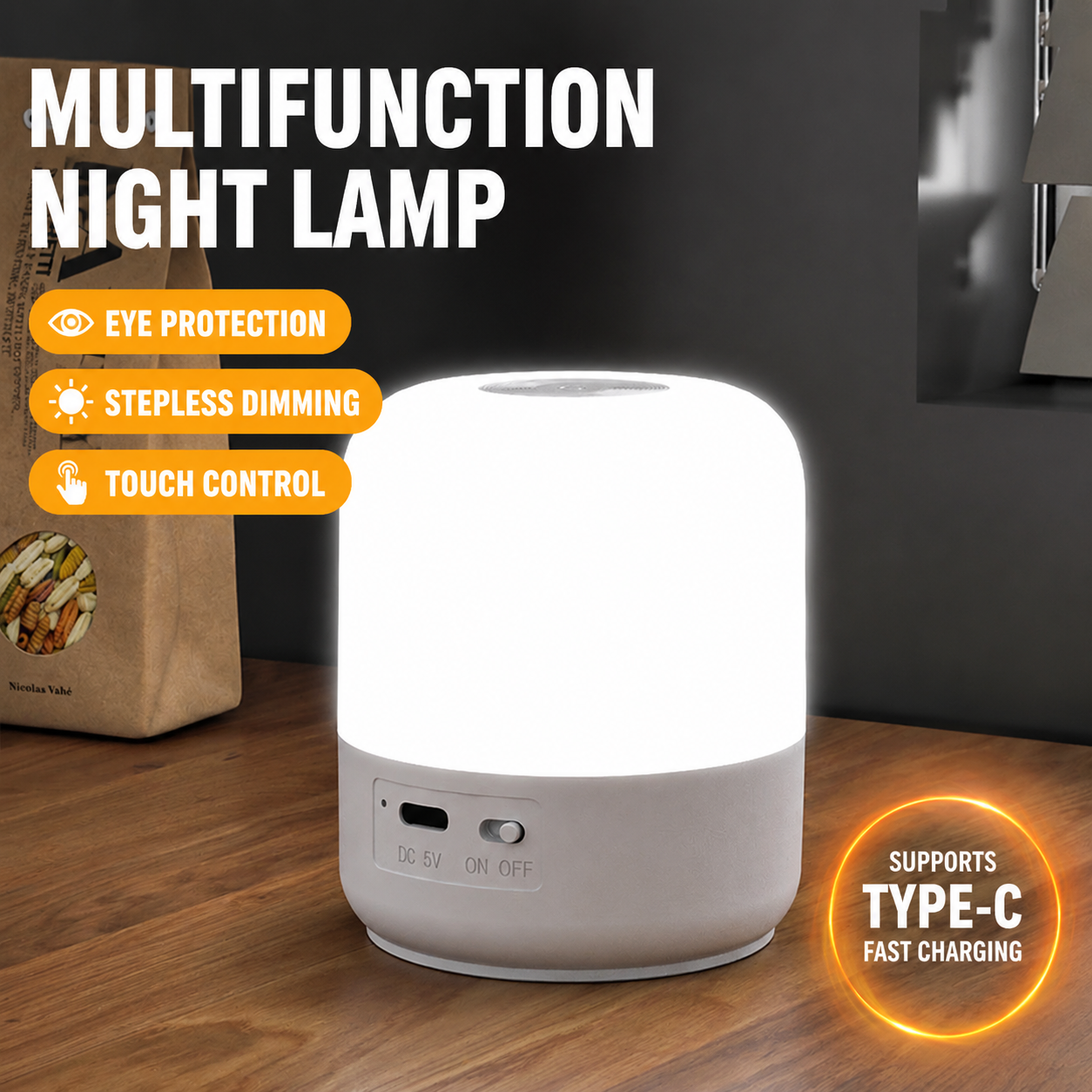 Portable Rechargeable Touch Night Light – 3 Color LED Lamp with Adjustable Brightness for Bedroom & Camping