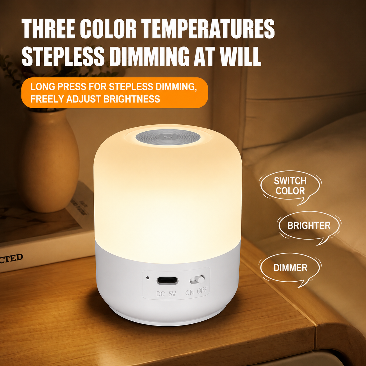Portable Rechargeable Touch Night Light – 3 Color LED Lamp with Adjustable Brightness for Bedroom & Camping - Image 2