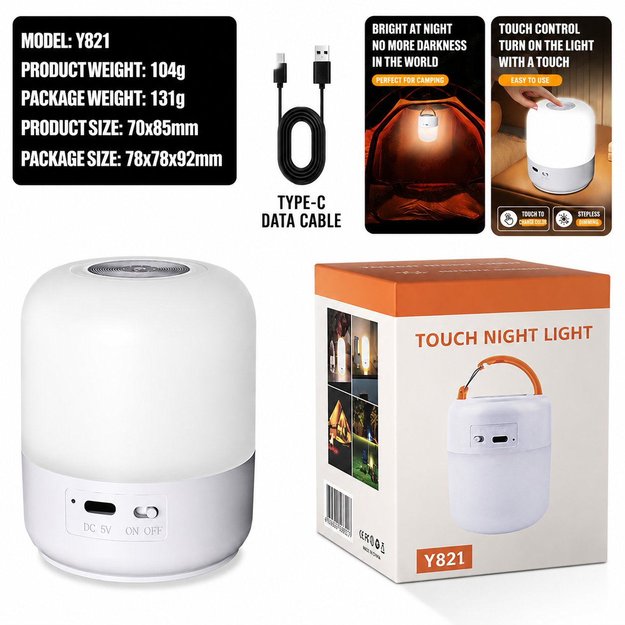Portable Rechargeable Touch Night Light – 3 Color LED Lamp with Adjustable Brightness for Bedroom & Camping - Image 6